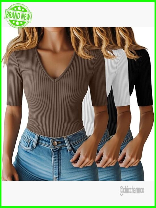 Tops - 3 Pack Women's Ribbed Cotton T-Shirt Slim Fit V-Neck Half Sleeve Tee